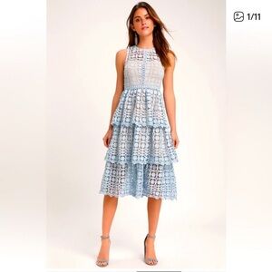 Lulus Light Blue Larissa Crochet Lace Midid Dress. NWT. Size L/XL.